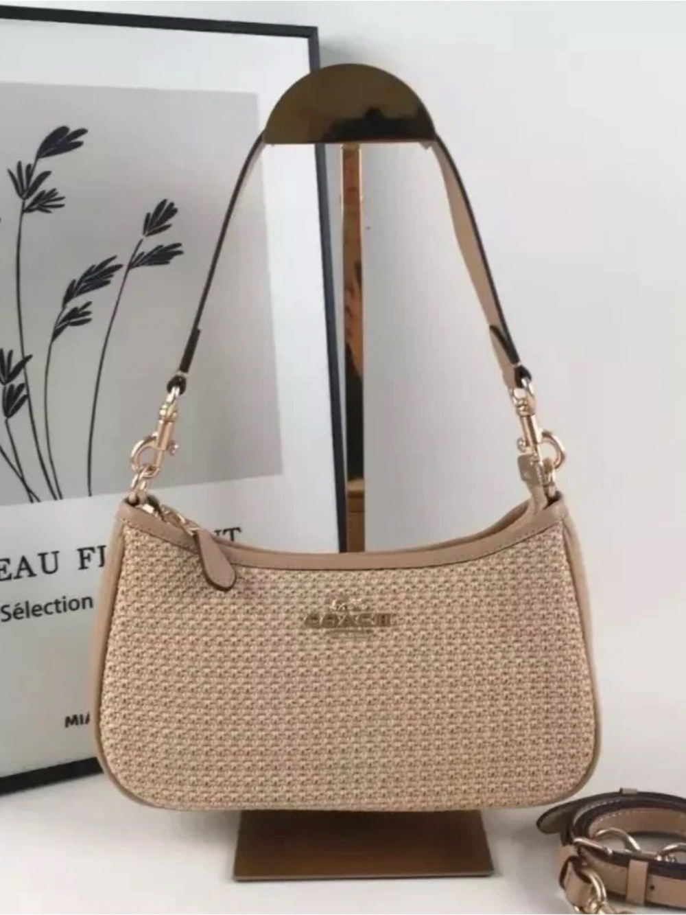 COACH CR350 Teri 2way Shoulder Bag Straw Leather Latte Multi  New